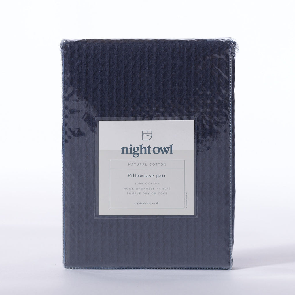 Night Lark / Night Owl Pure Cotton Waffle Collection Pillowcase Pair in Navy